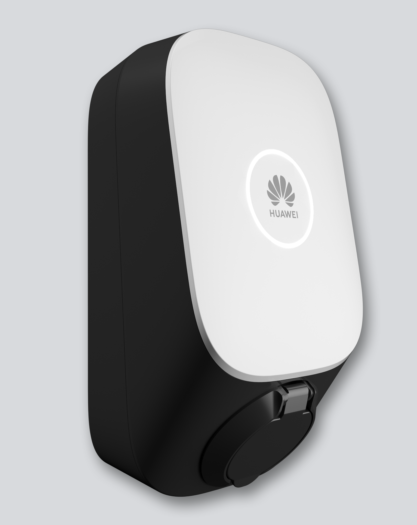 Huawei Wallbox in modernem Design, schwarze Ladeeinheit mit weißer Front und Huawei-Logo, geeignet für die Wandmontage.